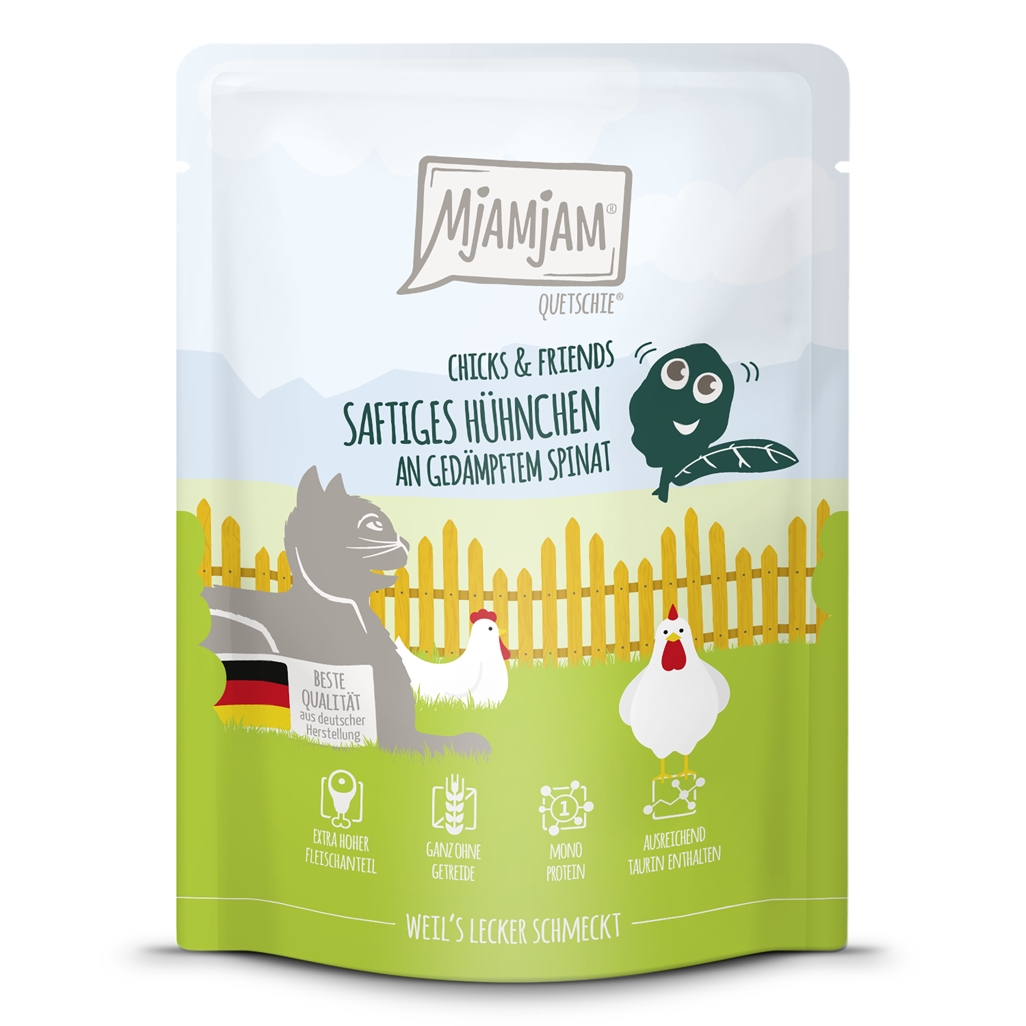 MjAMjAM - Quetschie - Chicks & Friends saftiges Hühnchen an gedämpftem Spinat 300g