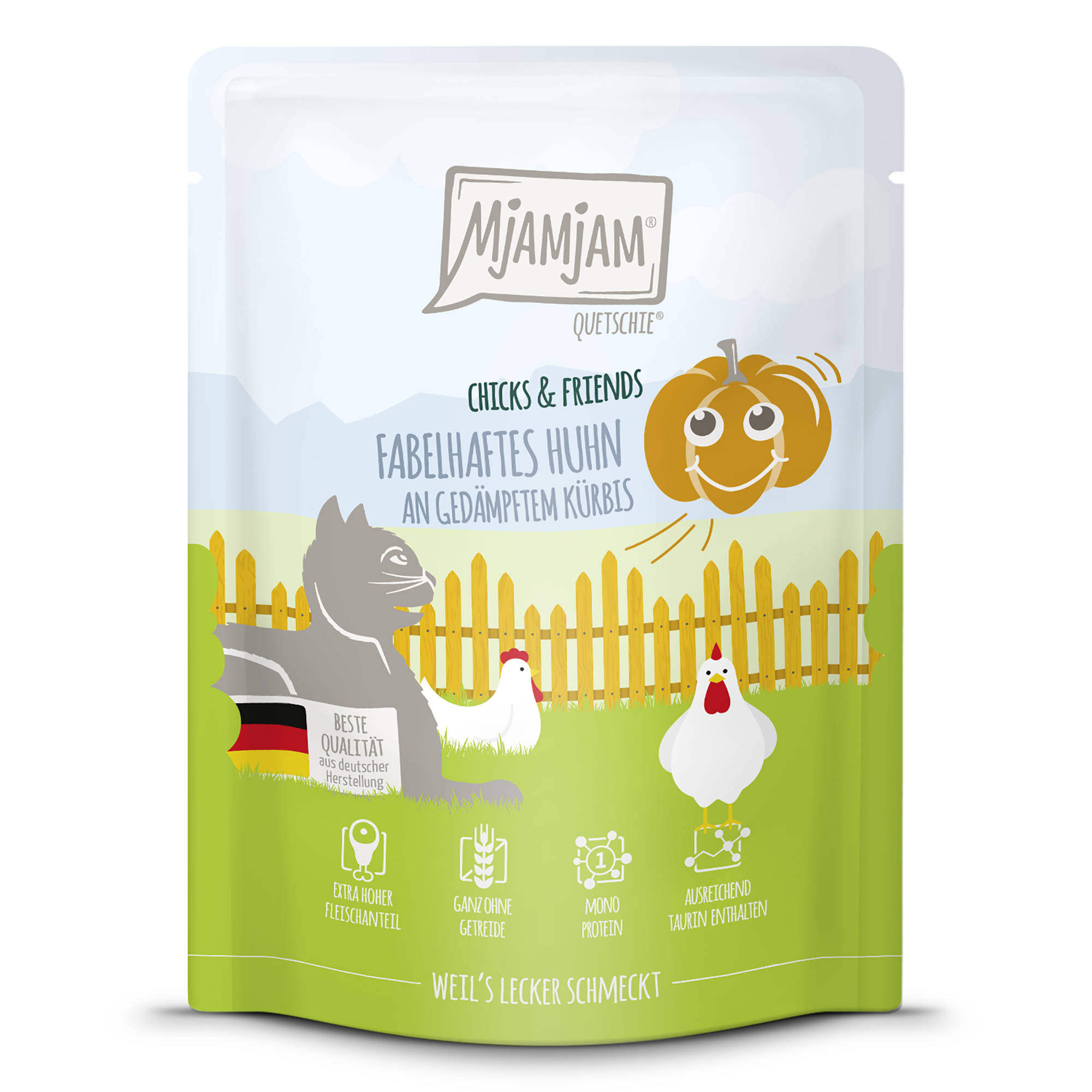 MjAMjAM - Quetschie - Chicks & Friends fabelhaftes Huhn an gedämpftem Kürbis 300g