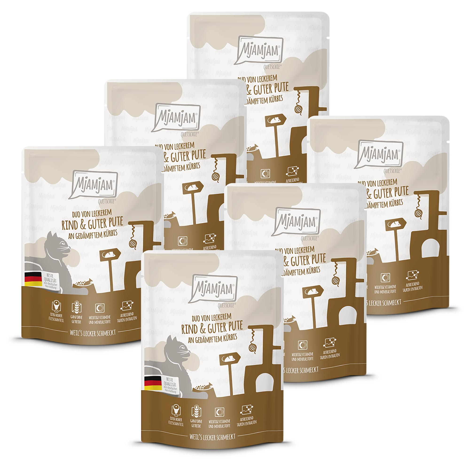 MjAMjAM - Quetschie - DUO von leckerem Rind & guter Pute an gedämpftem Kürbis 6 x 300g