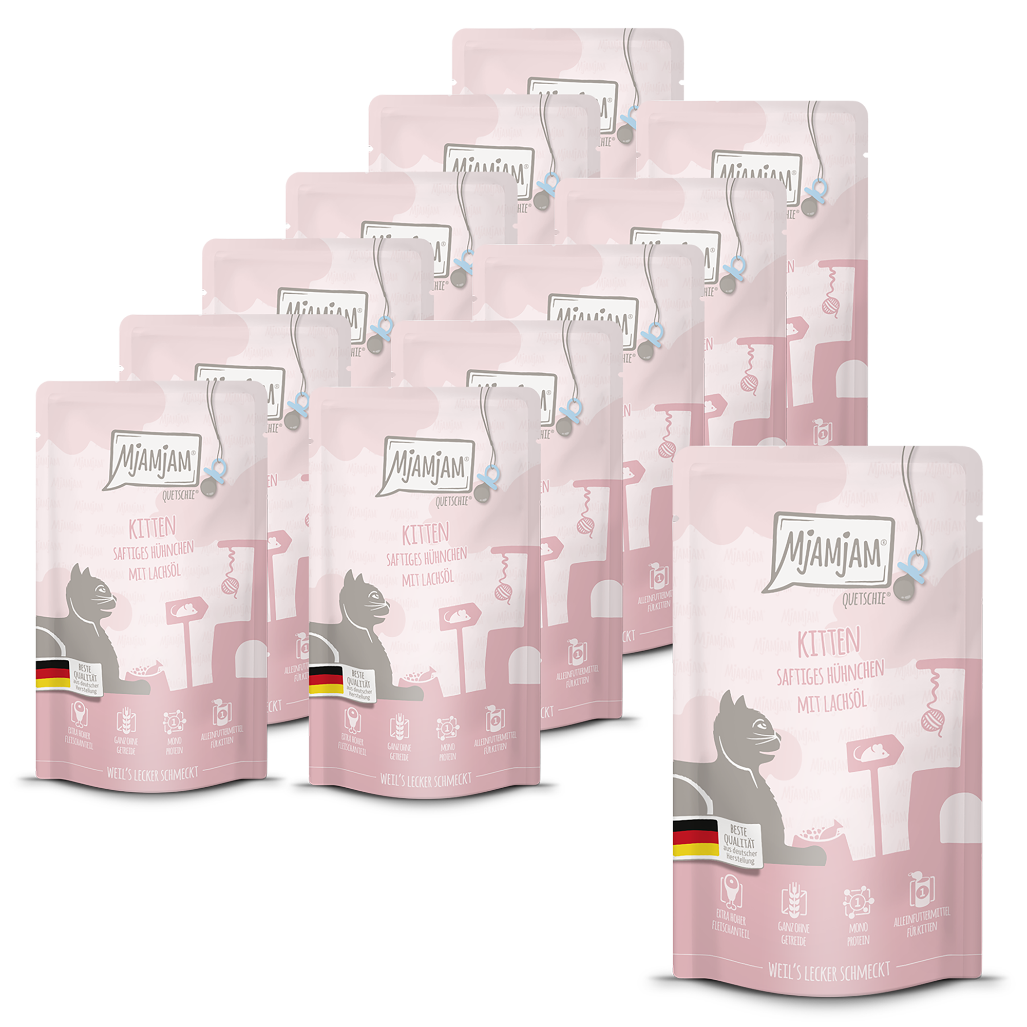 MjAMjAM - Quetschie Kitten saftiges Hühnchen mit Lachsöl 12 x 125 g