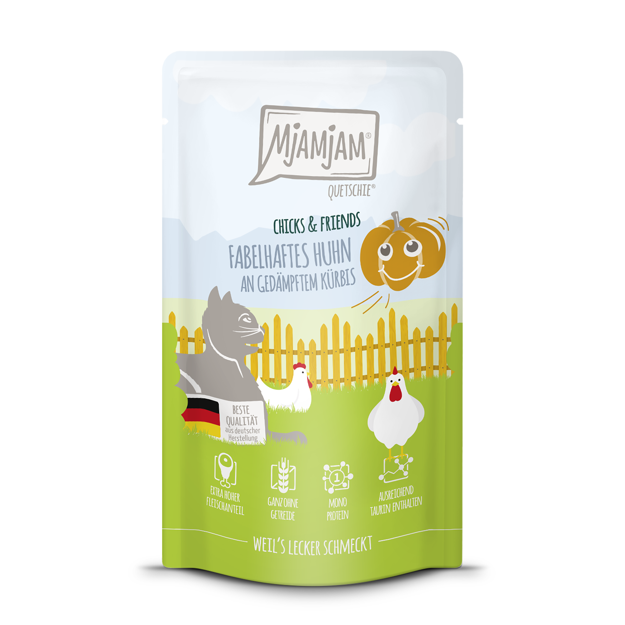 MjAMjAM - Quetschie - Chicks & Friends fabelhaftes Huhn an gedämpftem Kürbis 125g