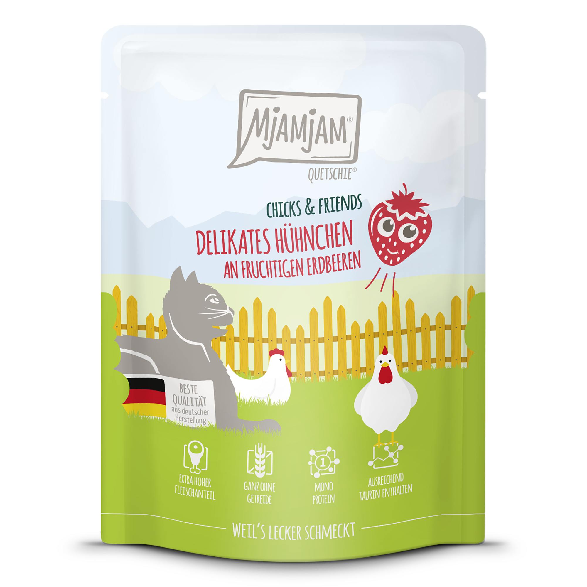 MjAMjAM - Quetschie - Chicks & Friends delikates Hühnchen an fruchtigen Erdbeeren 300g