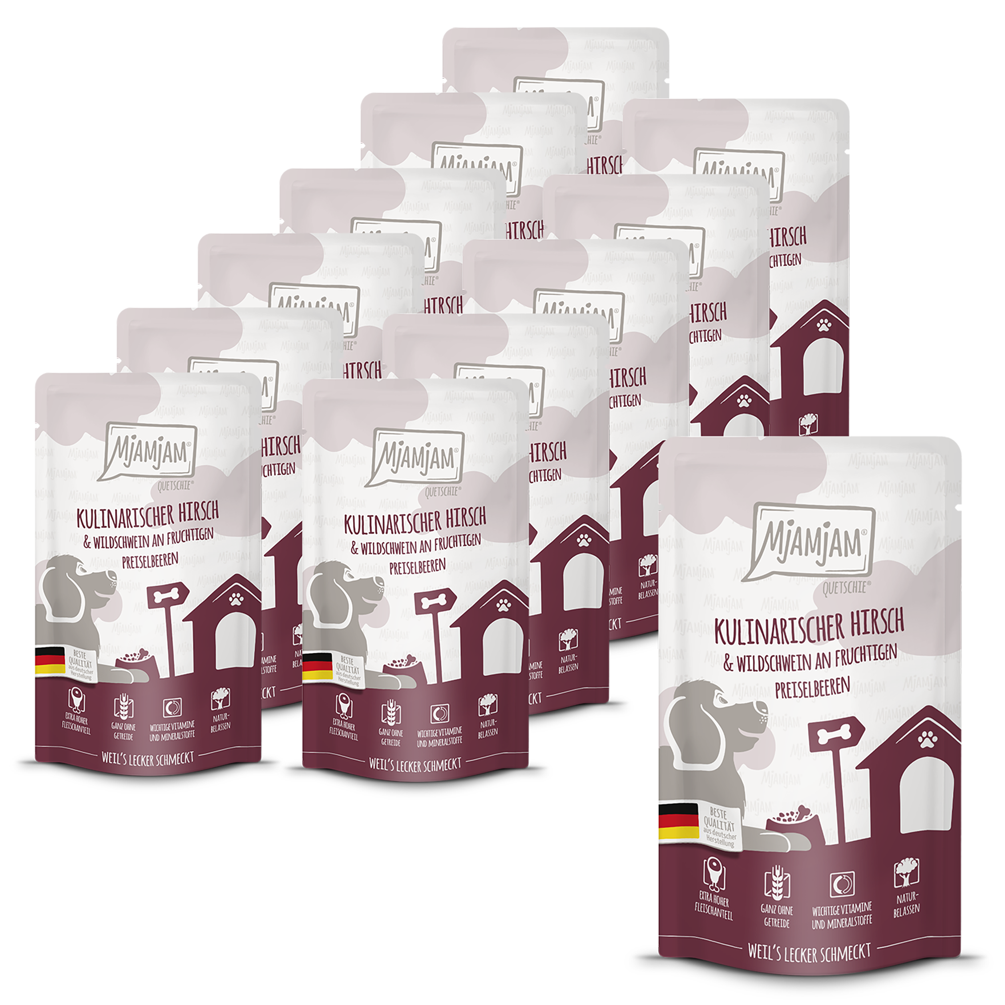 MjAMjAM - Quetschie -  kulinarischer Hirsch & Wildschwein an fruchtigen Preiselbeeren 12 x 125g