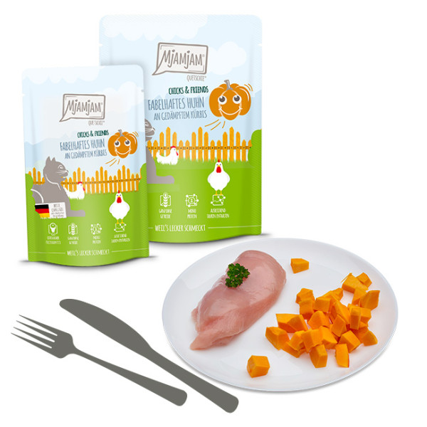 MjAMjAM - Quetschie - Chicks & Friends fabelhaftes Huhn an gedämpftem Kürbis