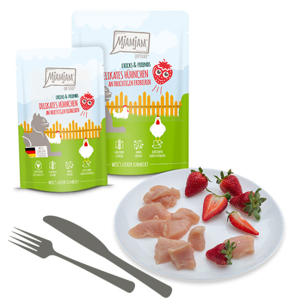 MjAMjAM - Quetschie - Chicks & Friends delikates Hühnchen an fruchtigen Erdbeeren