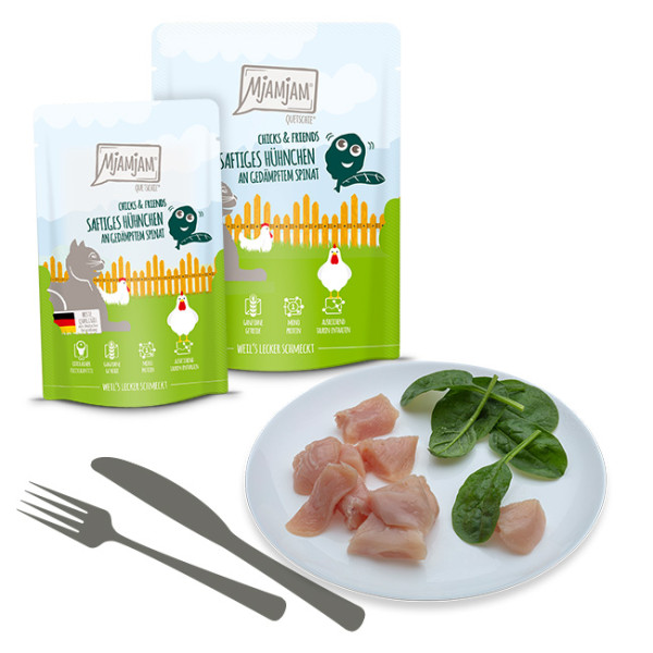 MjAMjAM - Quetschie - Chicks & Friends saftiges Hühnchen an gedämpftem Spinat